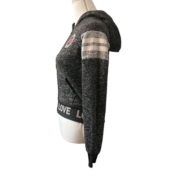 New Look Womens Gray & Pink Love Patch Cropped Zip-Up Hoodie W/ Striped Sleeves - Picture 2 of 13
